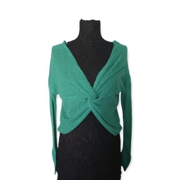 Moon & Madison Green Off The Shoulder Twist Front Sweater - Picture 2 of 10